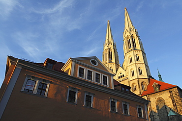 Evening sunshine lights the Neo-Gothic spires of the medieval St. Peter's Church (Peterskirche) in Goerlitz, Saxony, Germany, Europe