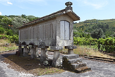 Traditional elevated stone granary (espigueiro), used for storing corn, close to the village of Soajo, Minho, Portugal, Europe