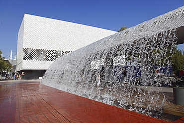 Wall of water and entrance to the Oceanarium (Oceanario de Lisboa), Park of Nations (Parque das Nacoes), in Lisbon, Portugal, Europe