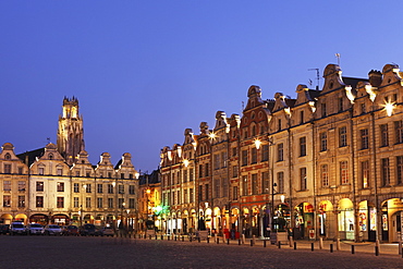 Flemish Baroque architecture at night on the Petite Place (Place des Heros), Arras, Nord-Pas de Calais, France, Europe