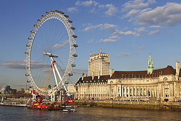 County Hall, home of the London Aquarium, and the London Eye on the South Bank of the River Thames, London, England, United Kingdom, Europe