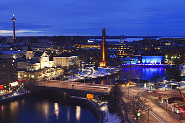 River Tammerkoski runs through the city centre, past the Finlayson Complex, night time in Tampere, Pirkanmaa, Finland, Scandinavia, Europe