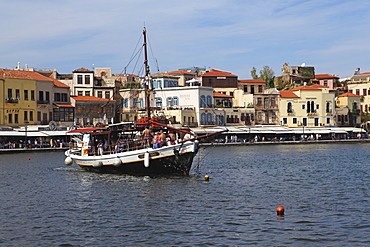 A traditional Cretan boat in the Venetian era harbour at the Mediterranean port of Chania (Canea), Crete, Greek Islands, Greece, Europe