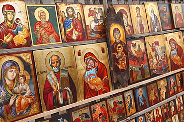 Greek Orthodox icons offered for sale outside the Alexander Nevsky Cathedral, Sofia, Bulgaria, Europe