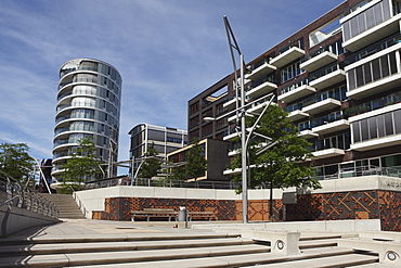 Contemporary buildings at Vasco da Gama Platz in the recently developed HafenCity district of Hamburg, Germany, Europe