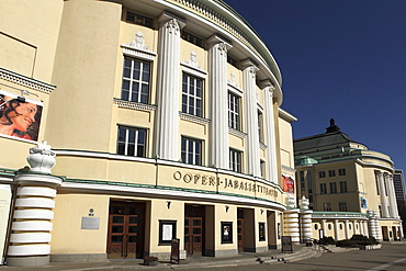 The facade of the Estonian National Opera house, opened in 1913 and rebuilt following Soviet destruction, in Tallinn, Estonia, Europe