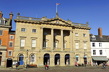 The Georgian facade of the Town Hall and Butter Market shopping arcade, built in 1776, Newark-upon-Trent, Nottinghamshire, England, United Kingdom, Europe