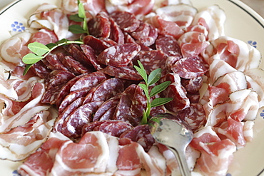 Regional Capocollo (capicola) ham surrounds salami produced in Martina Franca, Apulia, Italy, Europe