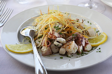 A seafood salad made with freshly caught octopus served in Monopoli, Apulia, Italy, Europe