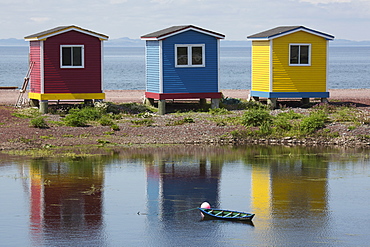 Colourfully painted huts by the shore of the Atlantic Ocean at Heart's Delight-Islington in Newfoundland and Labrador, Canada, North America