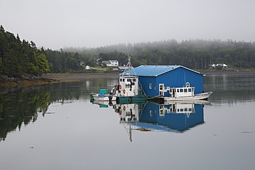 Floating dock, on a foggy day, at Welshpool on Campobello Island in New Brunswick, Canada, North America