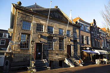 Historic facade of the butcher's hall, now De Centrale, on Voldergracht in Delft, South Holland, The Netherlands, Europe