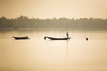 A man stands on a boat in the Sunderbans (Sundarbans) National Park, UNESCO World Heritage Site, West Bengal, India, Asia