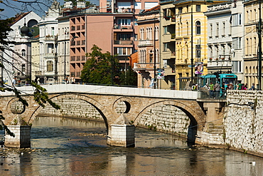 Latinska Cuprija (Latin Bridge) over Miljacka River, place of murder of Archduke Ferdinand, Sarajevo, Bosnia and Herzegovina, Europe