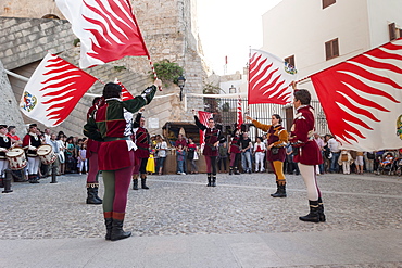 Flag bearers show, Ibiza cathedral, Medieval Party, Dalt Vila, Old Town, Ibiza, Balearic Islands, Spain, Mediterranean, Europe