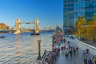 Tower Bridge over River Thames, City Hall and More London on right, London, England, United Kingdom, Europe