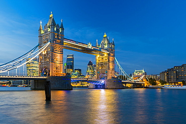 Tower Bridge over River Thames, City of London skyline including Cheesegrater and Gherkin skyscrapers, London, England, United Kingdom, Europe