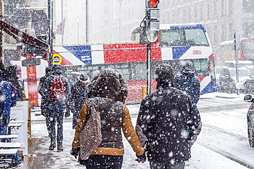 Piccadilly during snowstorm, West End, London, England, United Kingdom, Europe