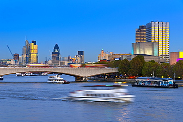 River Thames, Heron Tower, Tower 42, formerly NatWest Tower, SwissRe Tower (The Gherkin) and South Bank Centre, City of London, London, England, United Kingdom, Europe