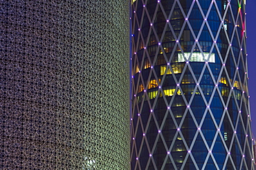 Detail of Burj Qatar on left, Tornado Tower on right, Doha, Qatar, Middle East