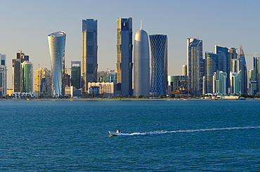 Modern skyline including Al Bidda Tower, Palm Towers, Burj Qatar and Tornado Tower, Doha, Qatar, Middle East