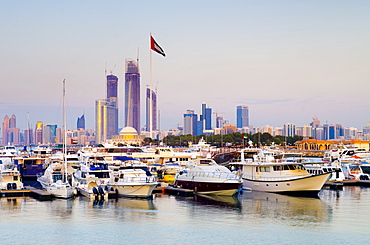 City skyline from Abu Dhabi International Marine Sports Club, Abu Dhabi, United Arab Emirates, Middle East