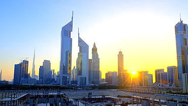 Sheikh Zayed Road with Emirates Towers in centre, Dubai, United Arab Emirates, Middle East