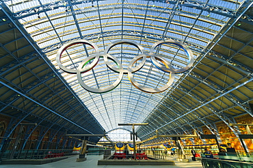 St. Pancras International Railway Station, Olympic Rings and Eurostar Trains, London, England, United Kingdom, Europe