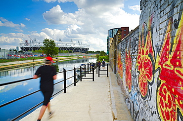 River Lee Navigation and London 2012 Olympic Stadium, Hackney Wick, London, England, United Kingdom, Europe