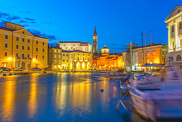 Old Town Harbour, Church of St. George (Cerkev sv. Jurija) in background, Piran, Primorska, Slovenian Istria, Slovenia, Europe