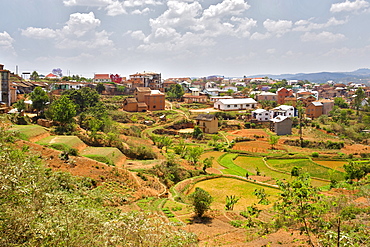 Houses and rice paddies in the town of Ambositra in south-central Madagascar, Madagascar, Africa