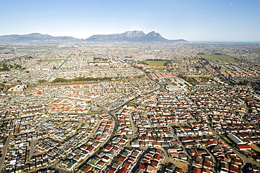 Aerial view over the townships of Crossroads, Nyanga and Guguletu, Cape Town, South Africa, Africa