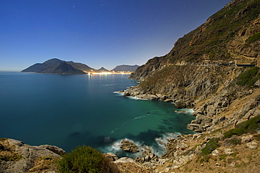 Night-time, moonlit view of Hout Bay in Cape Town, South Africa, Africa