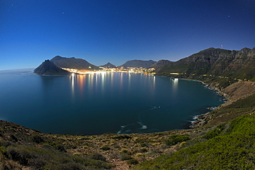 Night-time, moonlit view of Hout Bay in Cape Town, South Africa, Africa