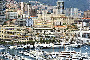 View of yachts and sailing boats in Port Hercule in the independant Principality of Monaco, Cote d'Azur, French Riviera, Mediterranean, Europe