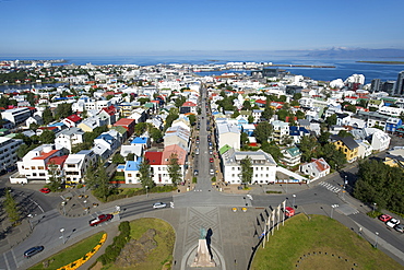 View over the rooftops of the Icelandic capital, from the top of Hallgrimur's Church (Hallgrimskirkja), Reykjavik, Iceland, Polar Regions