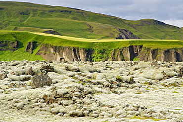 Fields of solidified volcanic lava in the area surrounding Vatnajokull glacier in the southeast, Iceland, Polar Regions