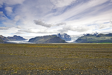 View across the Skeidararsandur glacial flood plain to the Skaftafellsjokull part of Vatnajokull glacier, southeast area, Iceland, Polar Regions