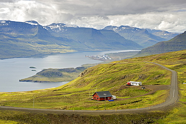 View of Reydarfjordur in the background, and Eskifjordur in the foreground, in the east, Iceland, Polar Regions