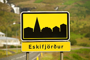 Sign for the town of Eskifjordur, in the east, Iceland, Polar Regions