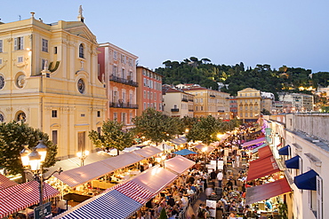 Dusk view of open air restaurants in the Cours Saleya, Nice, Provence, Cote d'Azur, French Riviera, France, Mediterranean, Europe