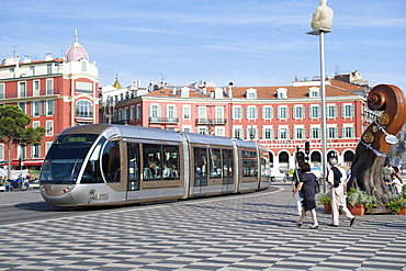 Tram running through the Place Massena, Nice, Provence, Cote d'Azur, French Riviera, France, Mediterranean, Europe