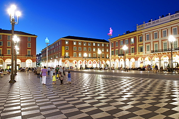 Dusk view of the Place Massena and Galleries Lafayette, Nice, Provence, Cote d'Azur, French Riviera, France, Mediterranean, Europe