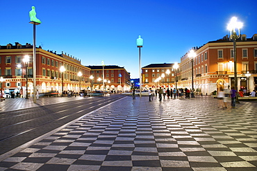 Dusk view of the Place Massena and Galleries Lafayette, Nice, Provence, Cote d'Azur, French Riviera, France, Mediterranean, Europe