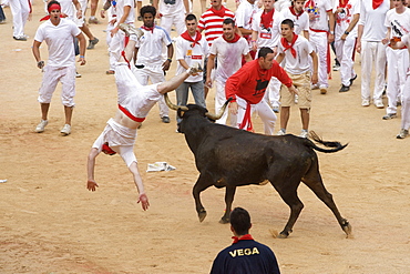 A man is tossed into the air during the annual festival of San Fermin (The Running of the Bulls) in Pamplona, Navarra, Euskadi, Spain, Europe