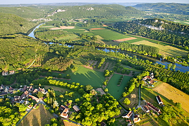 Aerial view over the Dordogne river and surrounding countryside near Sarlat in the Dordogne-Perigord region, France, Europe