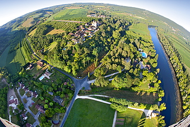 Aerial view over the Dordogne River and surrounding countryside near Sarlat in the Dordogne-Perigord region, France, Europe