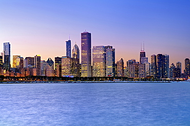 Dusk view of the Chicago skylin, Illinois, United States of America, North America