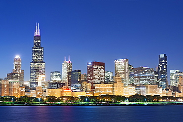 Dusk view of the Chicago skylin, Illinois, United States of America, North America