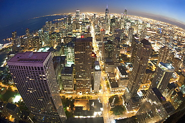 Night-time view over Chicago from the observation deck of the 100-storey John Hancock Tower in Chicago, Illinois, United States of America, North America